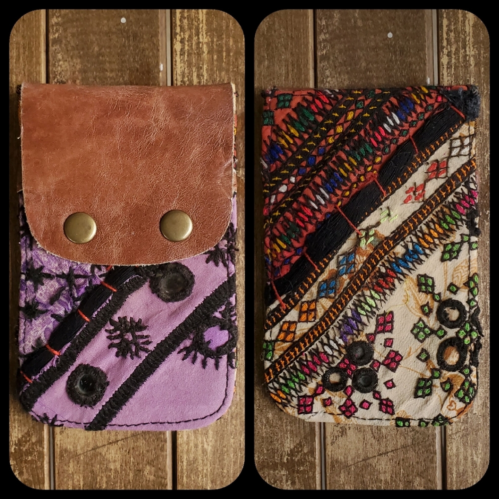 🥂🕺 Free People Boho Embroidered Repurposed vtg banjara hippie Wallet card case